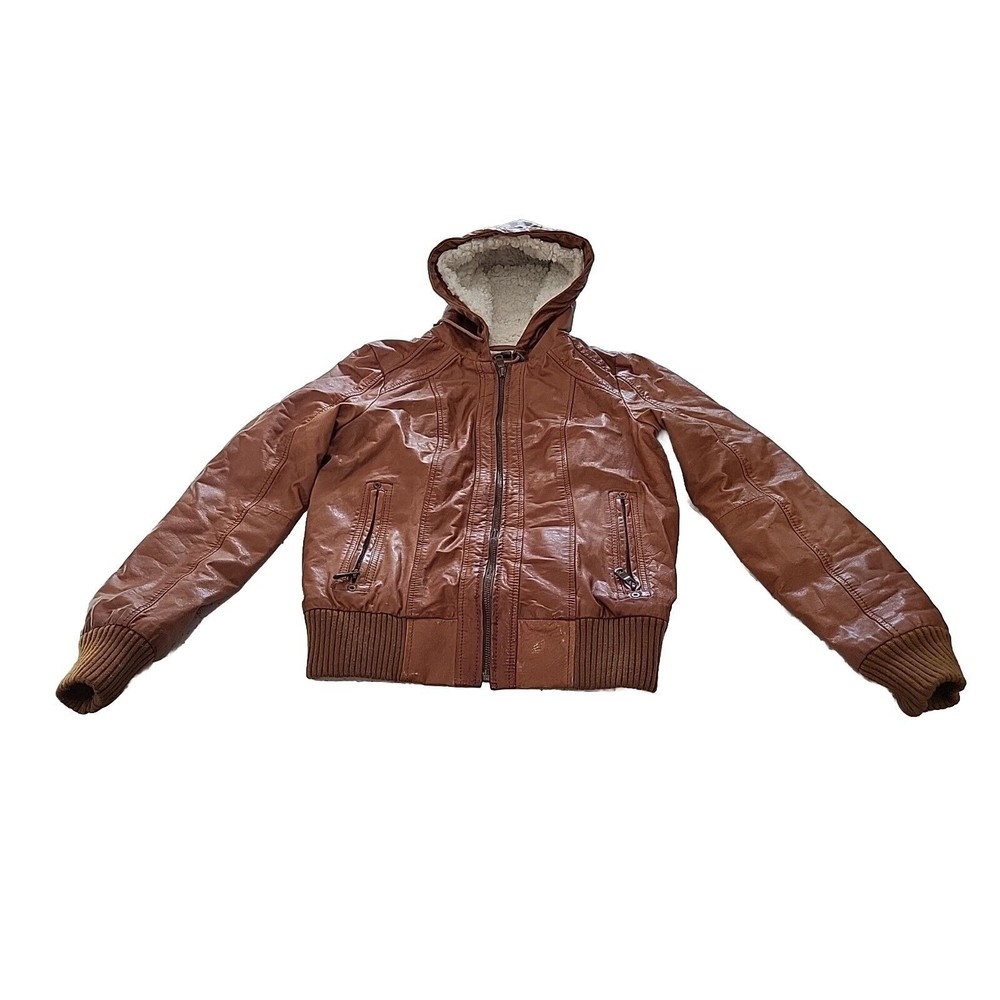 Andrew Marc New York Brown Leather Bomber Jacket W/ faux Shearling Collar Sz Med